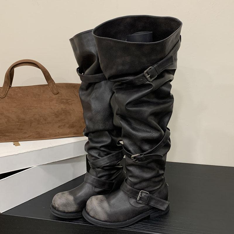 

Fashion Eilyken Winter Punk Pleated Round Toe Women Over The Knee Boots Designer Buckle Strap Square Heels Shoes Botas Mujer 35