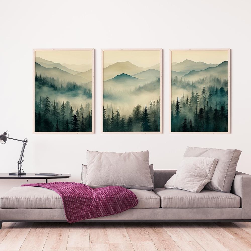 Sage Green Mountain 3 Piece Wall Art Decor Watercolor Mountain Landscape Abstract Nature Print Modern Minimal Decor Gift Poster