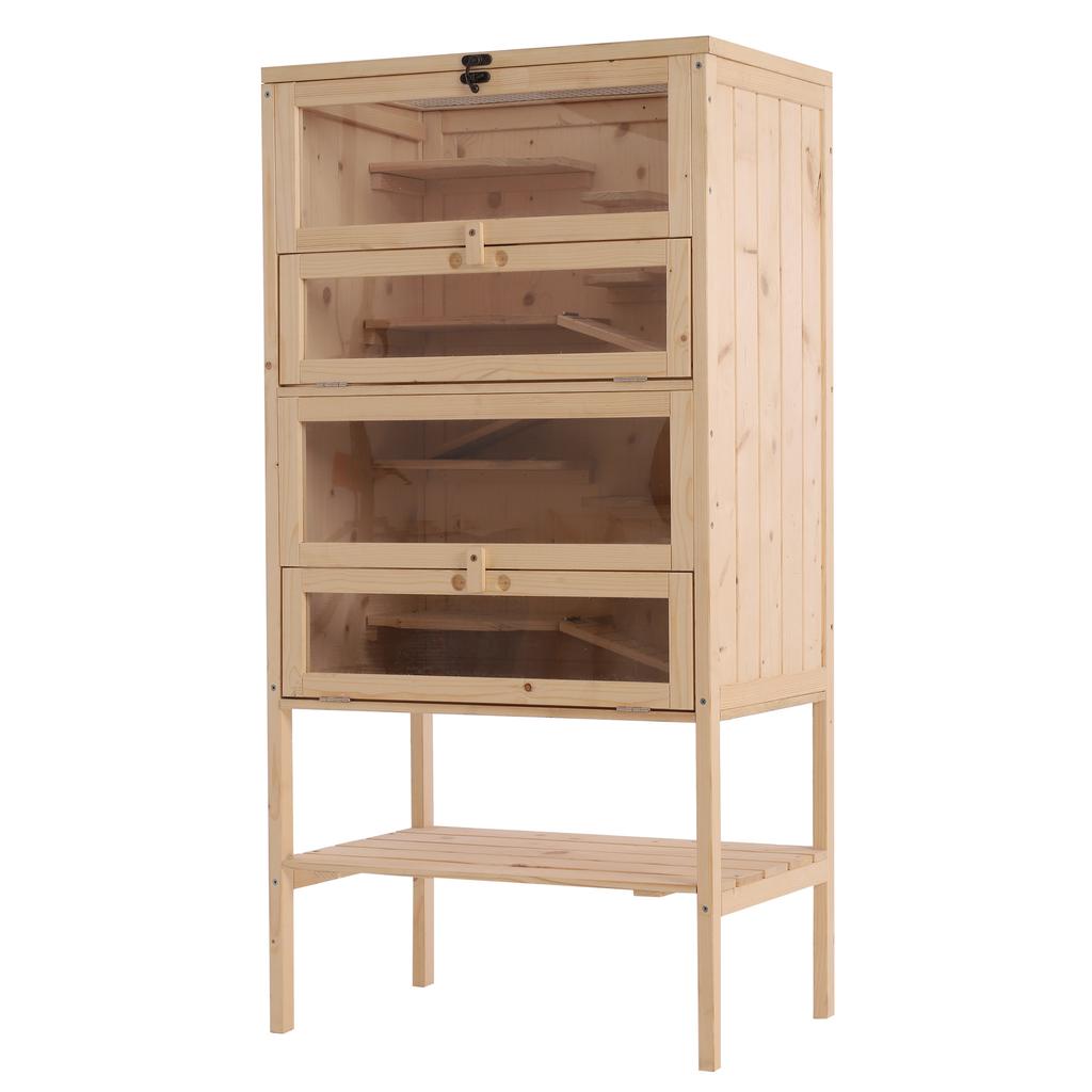 Solid Wood Hamster Cage with Opening Roof, 4 Connected Shelves and Ramps, 60 x 40 x 120 cm