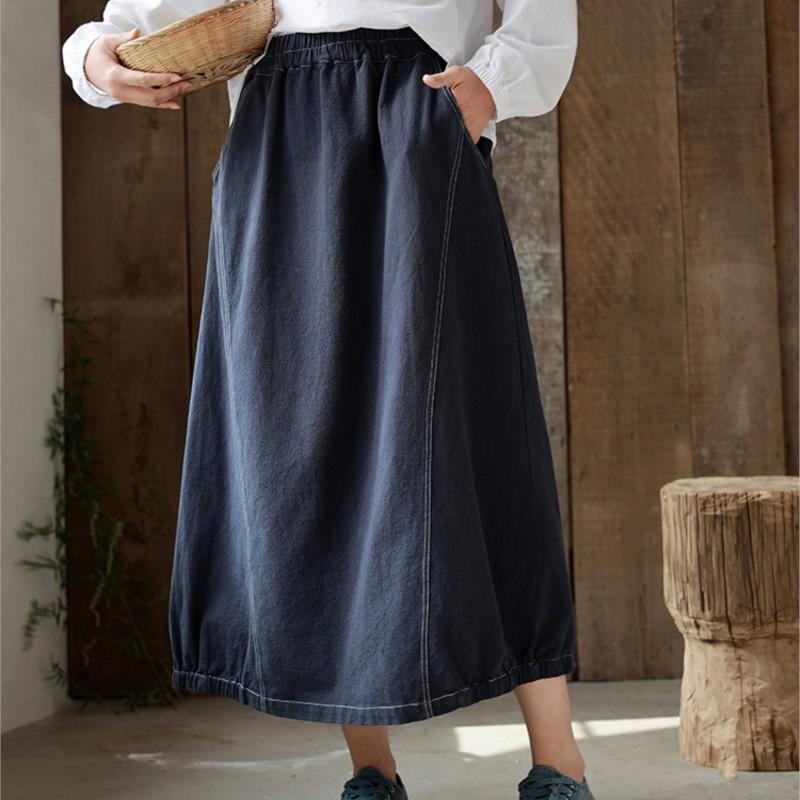 Johnature Women Vintage Skirts Solid Color Elastic Waist Cloths Spring Pockets A-Line Soft Skirts