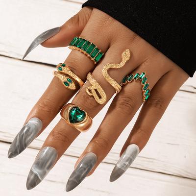 6pcs/set Snake Heart Geometric Ring Emerald and Diamond Ring