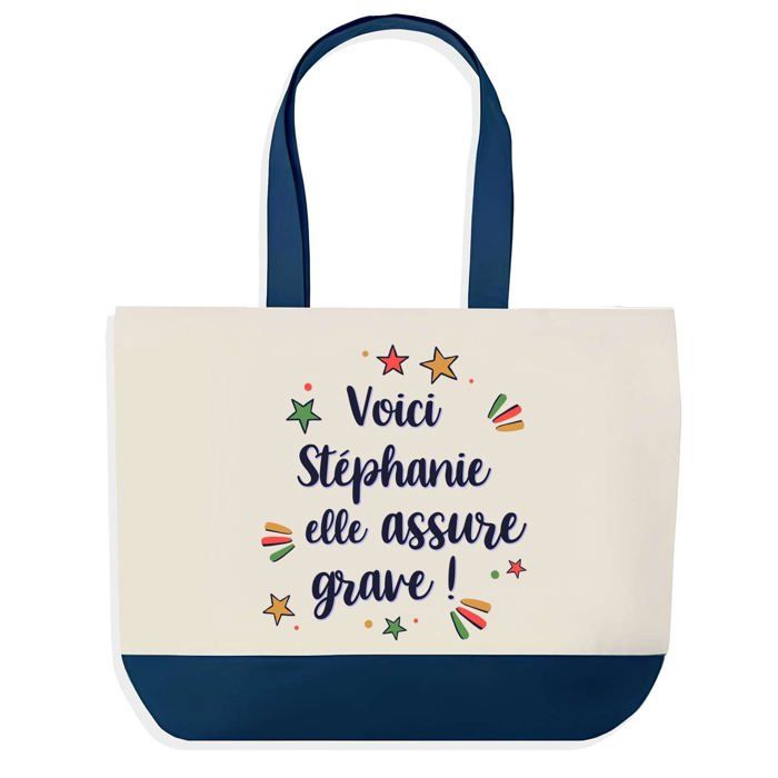 Tote bag - PLANETEE - Sac shopping fond bleu "Stéphanie elle assure grave" - Coton 40x45 cm - Grand format - Fabriqué en France