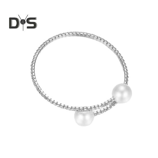 2Pcs/Set Women Elegant Jewelry Set Shiny Rhinestones Faux Pearls Adjustable Open Collar Necklace Bangle Set