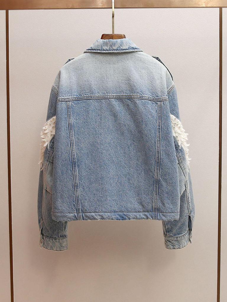 Denimjacke im koreanischen Stil mit Perlenkragen - Winter-Baumwollmantel für Damen