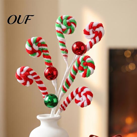 Festival Candy Cane Branch Christmas Pick, Red White Green Plush Stem, Festive Decor for Vase Filler, Wreath, Xmas Tree Decoration Filler