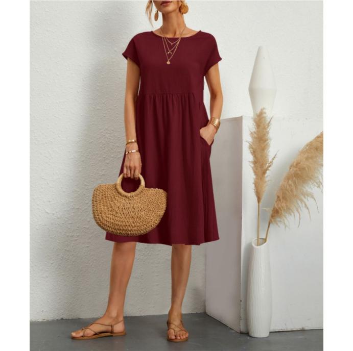 Women Vintage Solid Dress Summer Elegant O Neck Short Sleeve Cotton Linen Dresses Female Casual Loose Sundress Long Dress