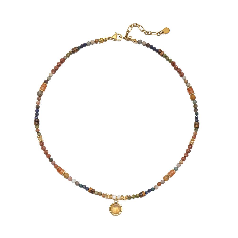 Prosperous ethnic style natural stone long necklace, handmade colored rope high-end bohemian adjustable sweater chain