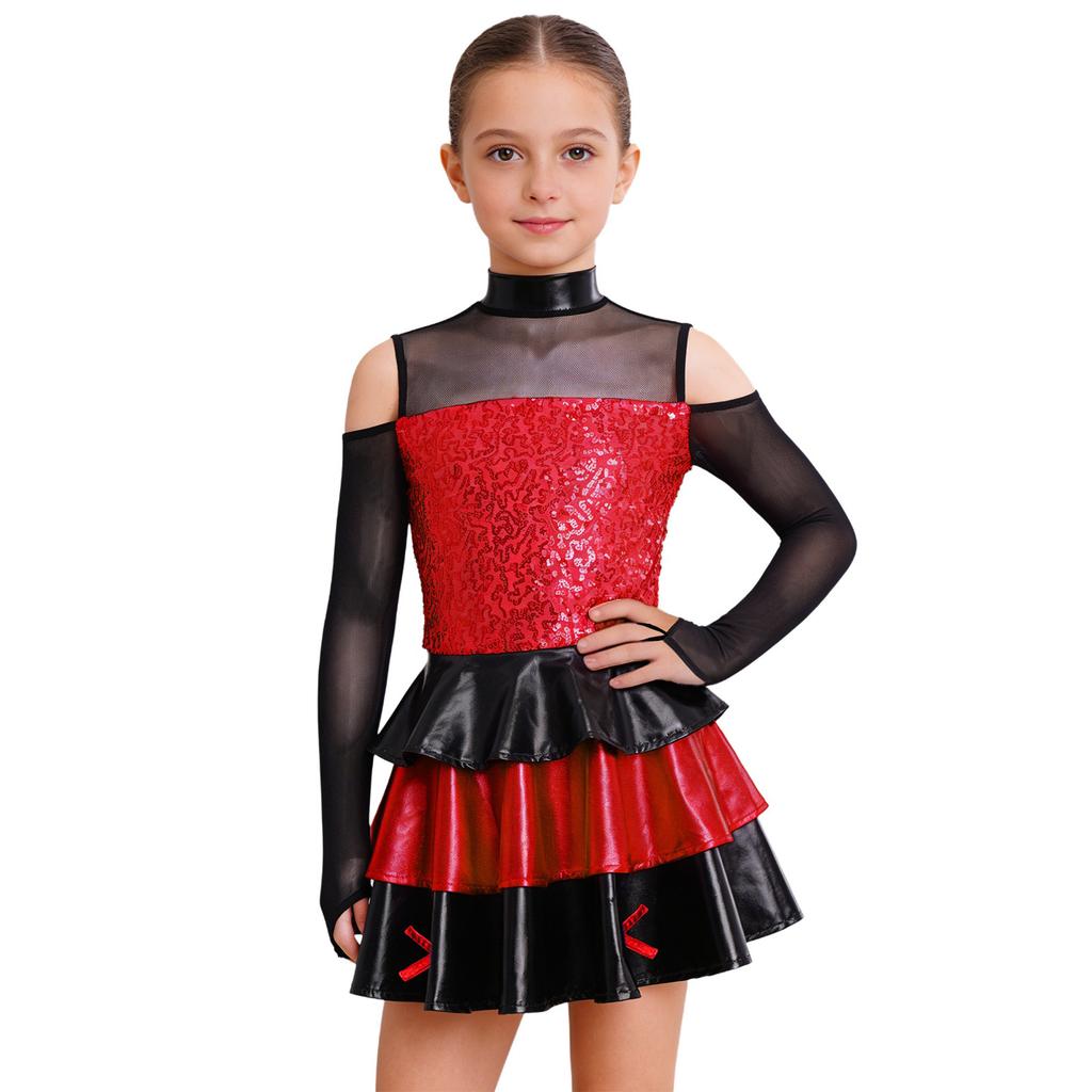Vestido de Menina Brilhante com Lantejoulas em Camadas e Babados Ombro a Ombro Manga Longa Gola Alta Roupa de Jazz