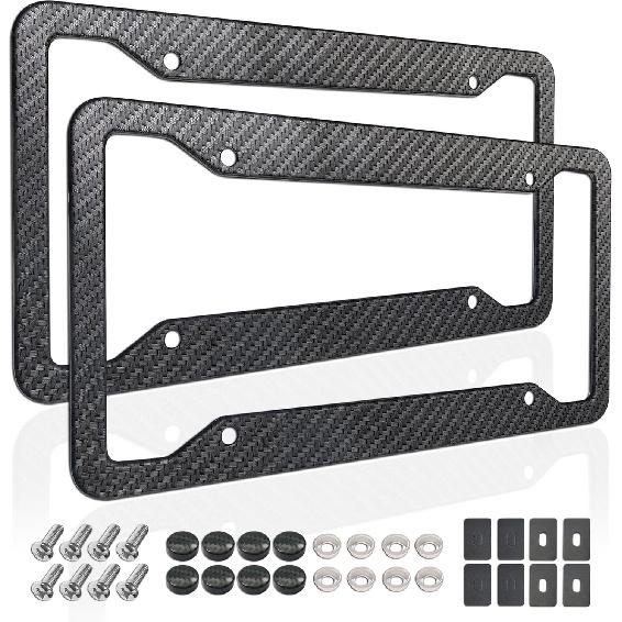 Carbon Fiber License Plate Frames- 2 Pack Black Aluminum Front & Rear Auto Car Tag Holder, Heavy Duty Bracket With Mount Hardware, Screws Caps,
