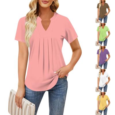 Women's Short Sleeve Casual V-neck Chest Pleated Printed Loose T-shirt Top