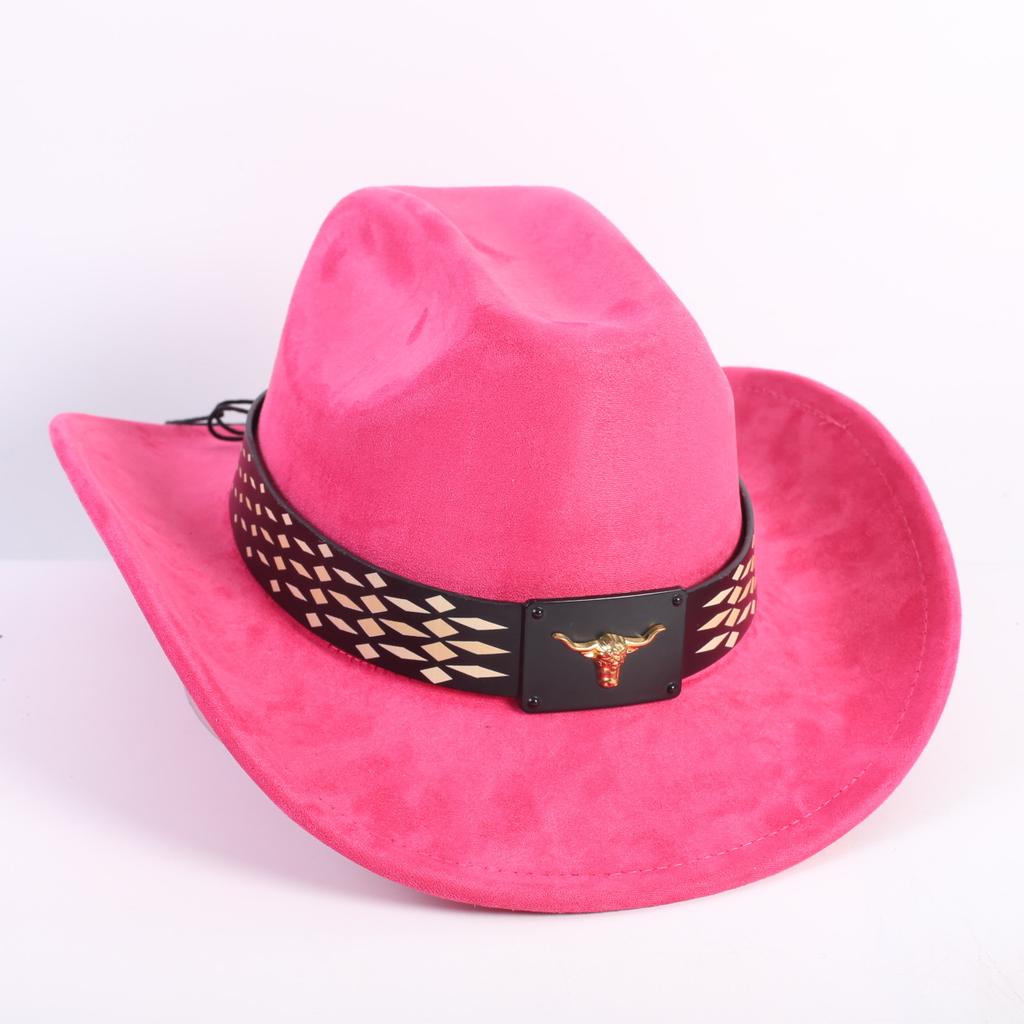New Western Cowboy Hat Men's and Women's Versatile Wide Brim Top Hat Sun Hat Simple Bull Head Hat Strap