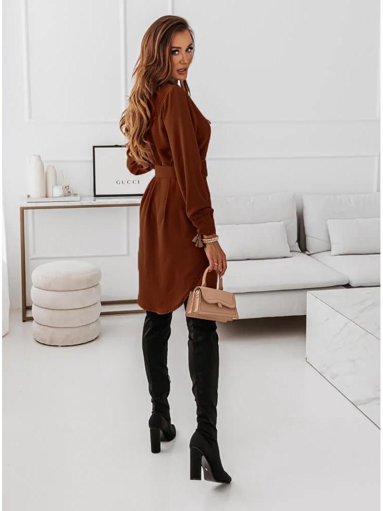 2022 Autumn/Winter Slimming Belted Long Sleeve Collared Dress