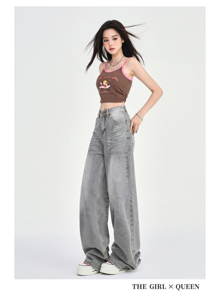 Women's 2025 Spring Gray Low-Rise Wide-Leg Retro Petite Jeans