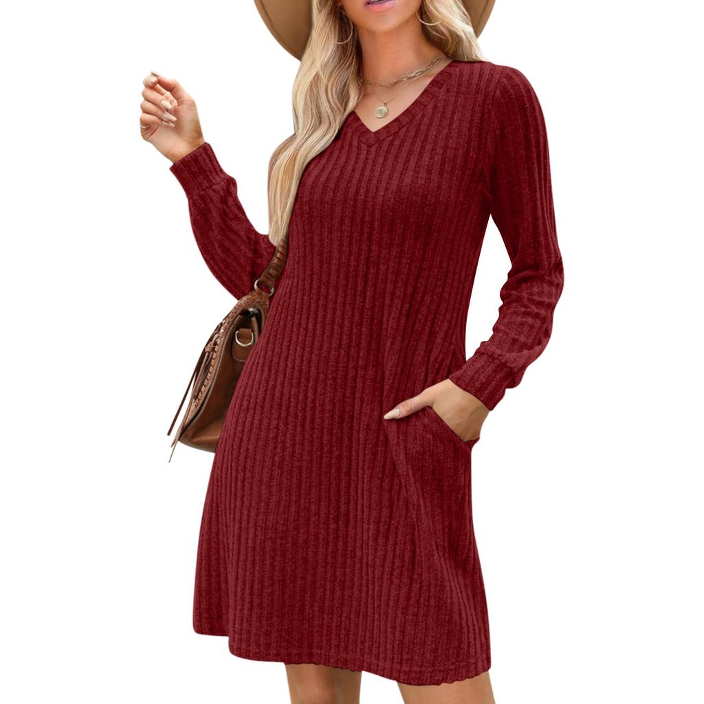 Womens V Neck Fall Dresses Long Sleeve Casual Sweater Short Dress Fashion Clothes