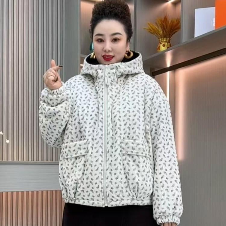 Stylish Floral Print Corduroy Hooded Coat with Velvet Lining and Large Pockets for Middle-Aged and Elderly Women