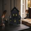 Illuminated Gothic House Ornament Lighted Halloween Village Statue with LED Light, Cabinet Black Spooky Figurine for Tabletop Holiday Home Decor