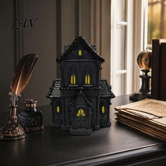 Illuminated Gothic House Ornament Lighted Halloween Village Statue with LED Light, Cabinet Black Spooky Figurine for Tabletop Holiday Home Decor