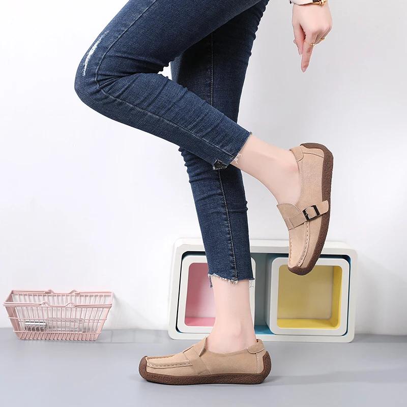 British Style Slip-On Comfortable Moccasins Ladies Non-Slip Mother Walking Shoes Spring Cow Suede Lightweight Casual Shoes Women
