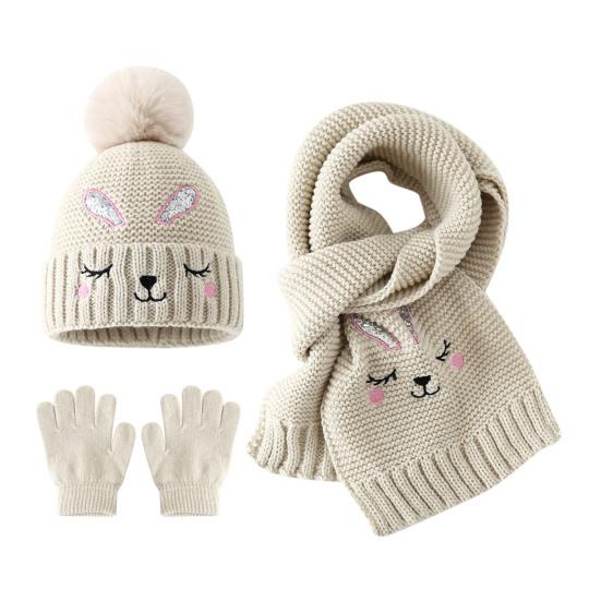 Winter Gift Set for Boys Girls Hat Gloves Scarf Kids, Warm Knitted Pompom Hat, Cute And Kids Bunny Embroidery, Cozy Ages 2 to 6