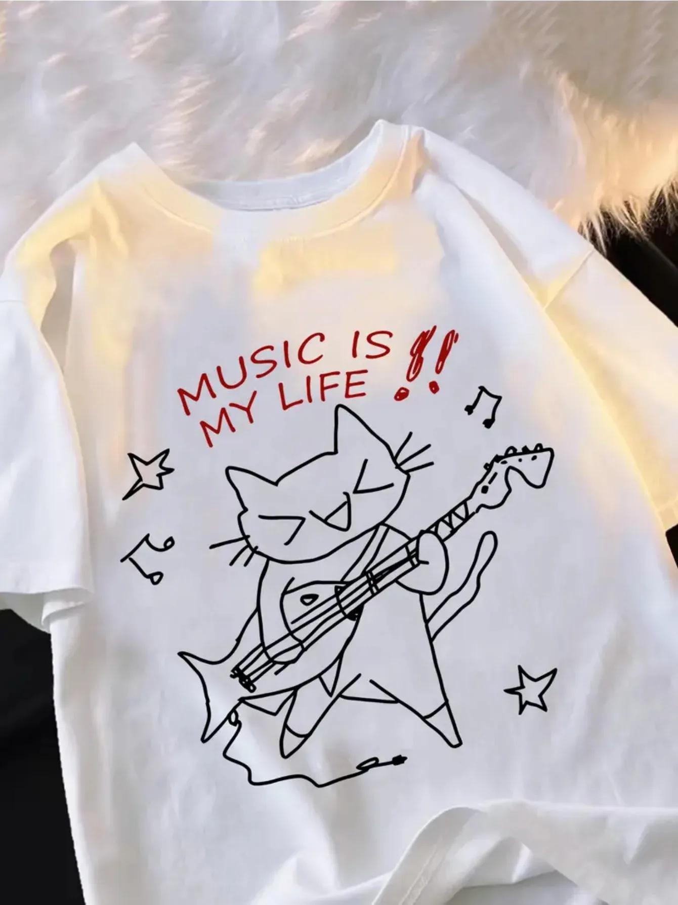 

Music Is My Life Cat Graphic Tee Breathable Moisture-Wicking Comfort Fit Crew Neck T-Shirt for Women Cute Tshirt - Men s Sum... S разноцветный