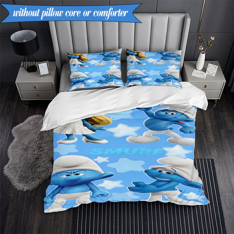 3PCS Blue Smur-f Characters Bedding Set,Including 1pc Duvet Cover And 2pcs Pillowcases Perfect for Bedroom, Dormitory, Fan Christmas gift
