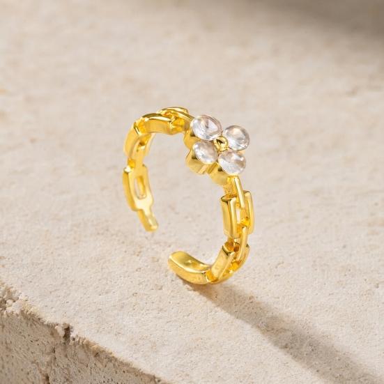 Women Ring, Four-Leaf Clover Design Finger Ring with Rhinestones Prong-Setting, Adjustable Opening Finger Band for Jewelry Gift