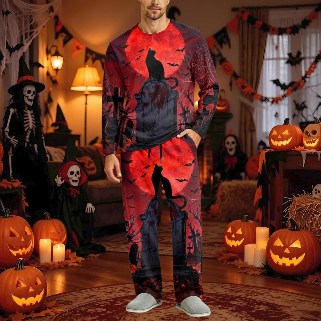 Men's Halloween Pajama Set Long Sleeve Long Pants with Crotch Buttons and Elastic Drawstring Waist