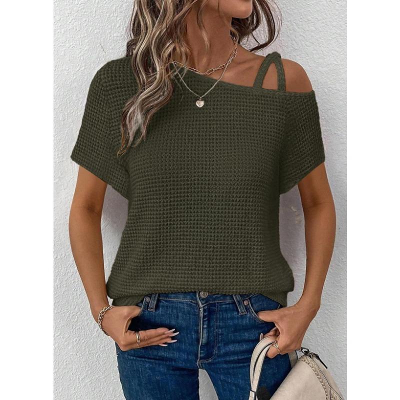 Short-sleeved Solid Tops for Women Summer New Styles Versatile Off-shoulder Knitted Women's Clothing