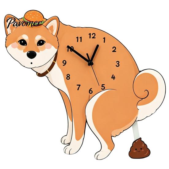 Easy Setup Wall Clock Pooping Dog Clock, Wooden with Swinging Pendulum, Silent Non Ticking Pet Lover for Living Room Home Office, Gift