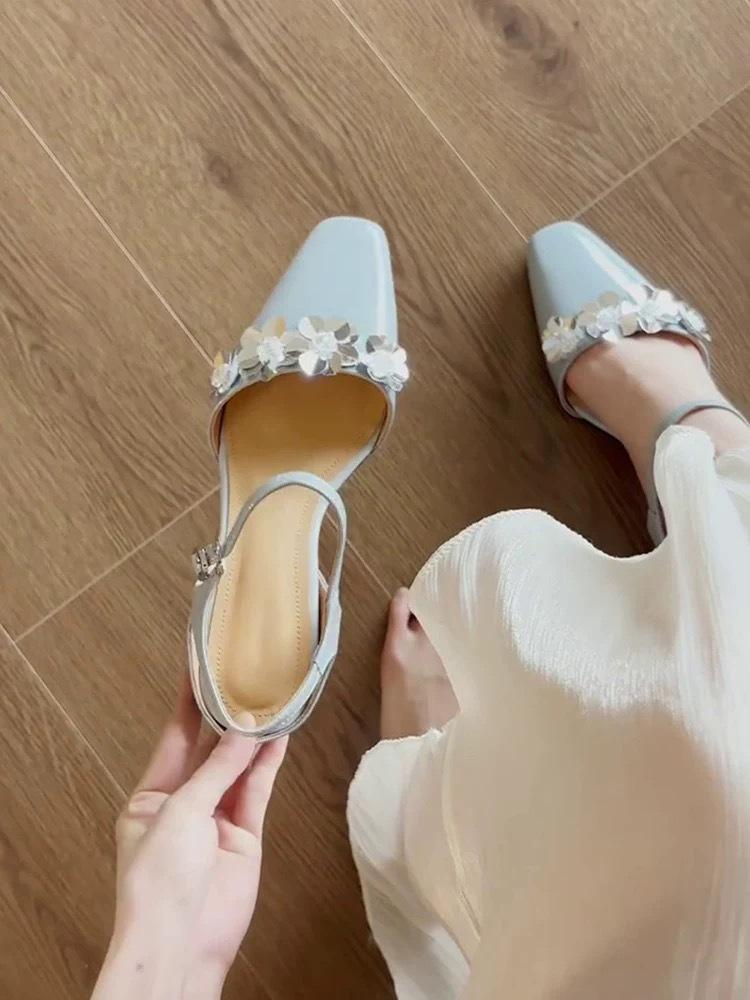 

Sheepskin~ French temperament one-word buckle sandals women s summer wear square head sequined flower bag head empty single shoes 40