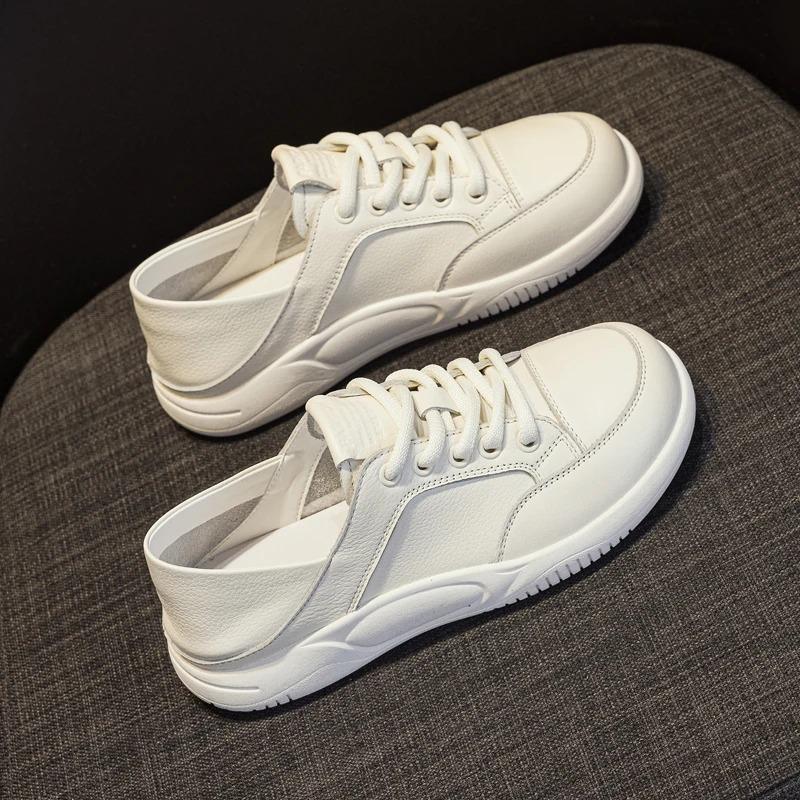 Women's Soft Cow Leather Loafers Vintage Flat White Sneakers Spring Summer Casual Two-Way Wear Casual Shoes 2026 New Fashion