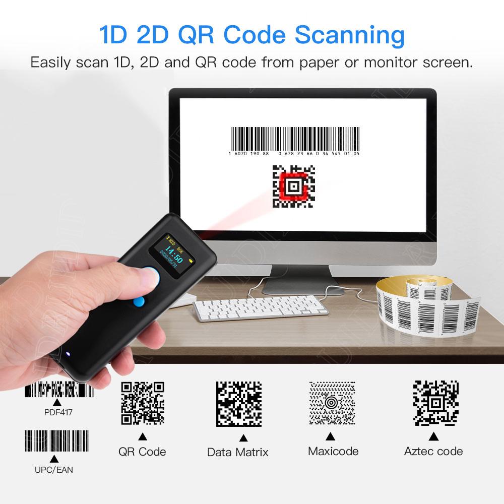 Taschen-Barcode-Scanner Handheld Mini Bluetooth Wireless 1D 2D Code-Scanner mit Display für Expressbote 2D QR-Leser PDF417