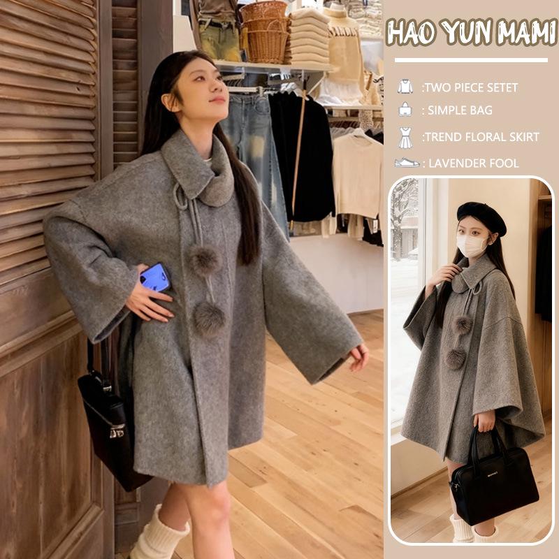 

2025 Retro Korean Style Grey Maternity Woolen Cape Coat M