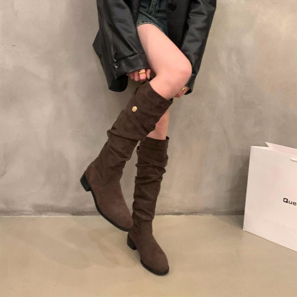 Thick Heel Pointed Thin Long Boots Women's Shoes 2025 New Autumn and Winter Piled Boots Medium Tube Knight Long Boots