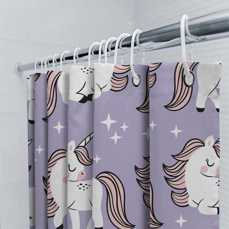 Little Unicorn Shower Curtain Purple Unicorn Bathroom Decor Kids Cute Bath Mat Home Decor Ideas For Girl'S Room Waterproof Fabri