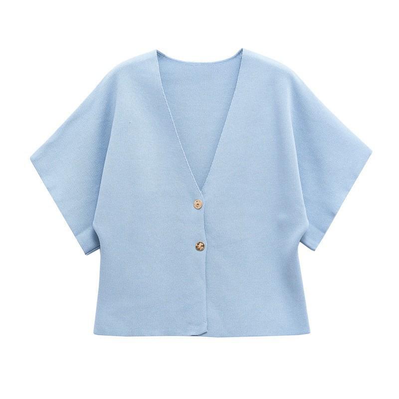 Womens Minimalist Knit Cardigan V-neck 5 Sleeve Button Detail Street Style Solid Color Top