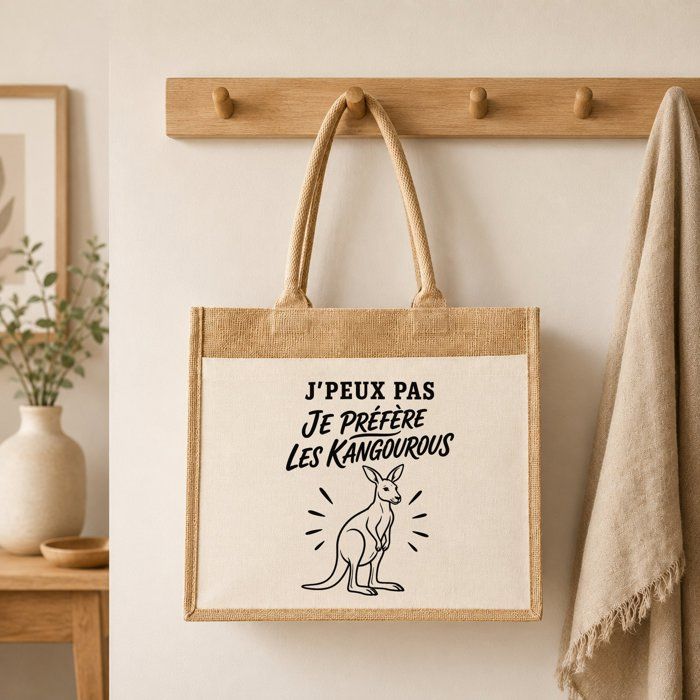 Sac Cabas Jute - PLANETEE - J’peux pas je préfère les Kangourous - Toile de jute et coton - Illustration au trait - 43×33×21 cm 21L
