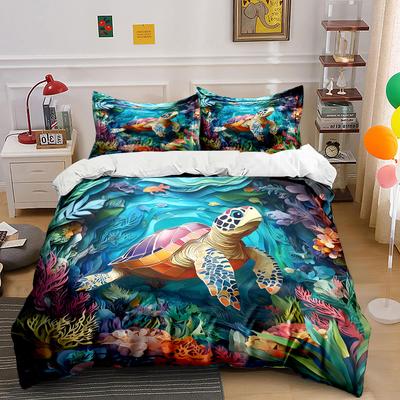 Turtle Swimming Through Colorful Coral Reef Printed Duvet Cover Set1 Duvet Cover+2 Pillowcasemulti Size Bedroom Bedding Decor