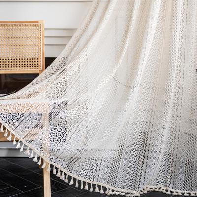 Boho-Baumwoll-Leinen-Quasten-Fenstervorhänge, Stangentasche, halbverdunkelnd, Landhausstil, Fensterbehandlung für Wohnzimmer, Esszimmer