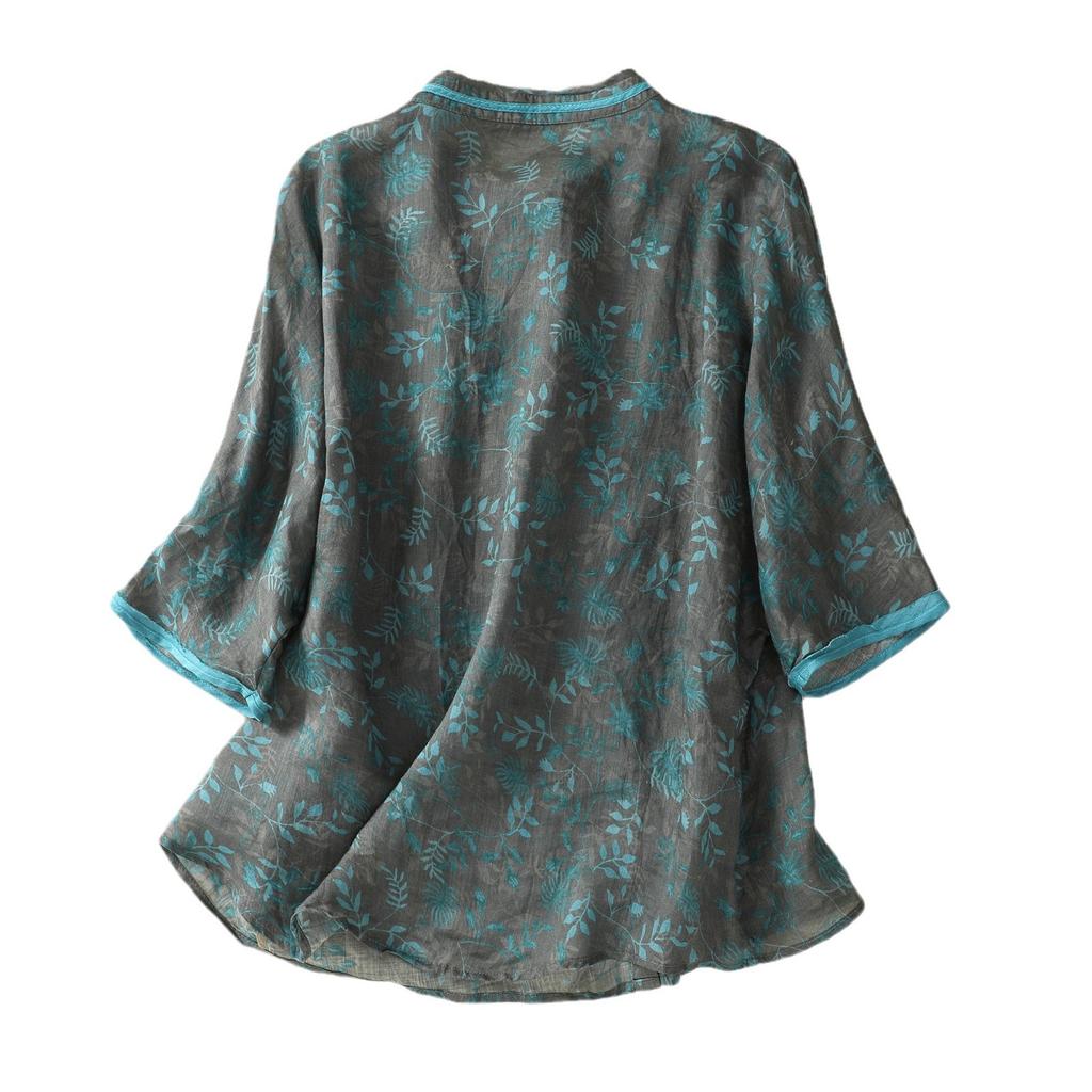 2025 summer new printed cotton and linen shirt women's loose large size round neck five-quarter sleeve thin floral cardigan top