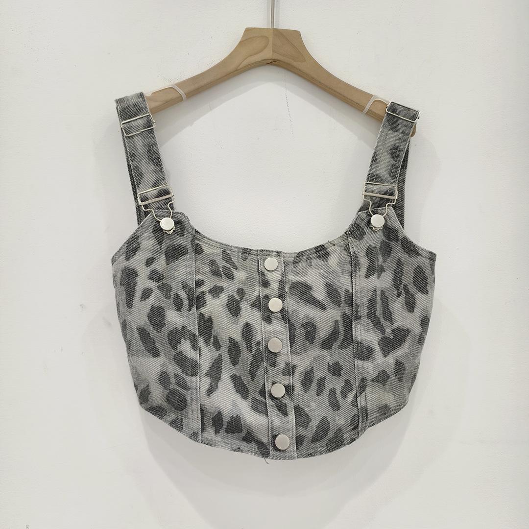 Denim leopard print suspender women s summer summer new slim-fit American sweet and hot girl style sexy tube top tide S серый