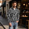 Men's Fall Winter Pattern Print Zip-Up Pullover Stand Collar Casual Wrinkle- Athletic Top