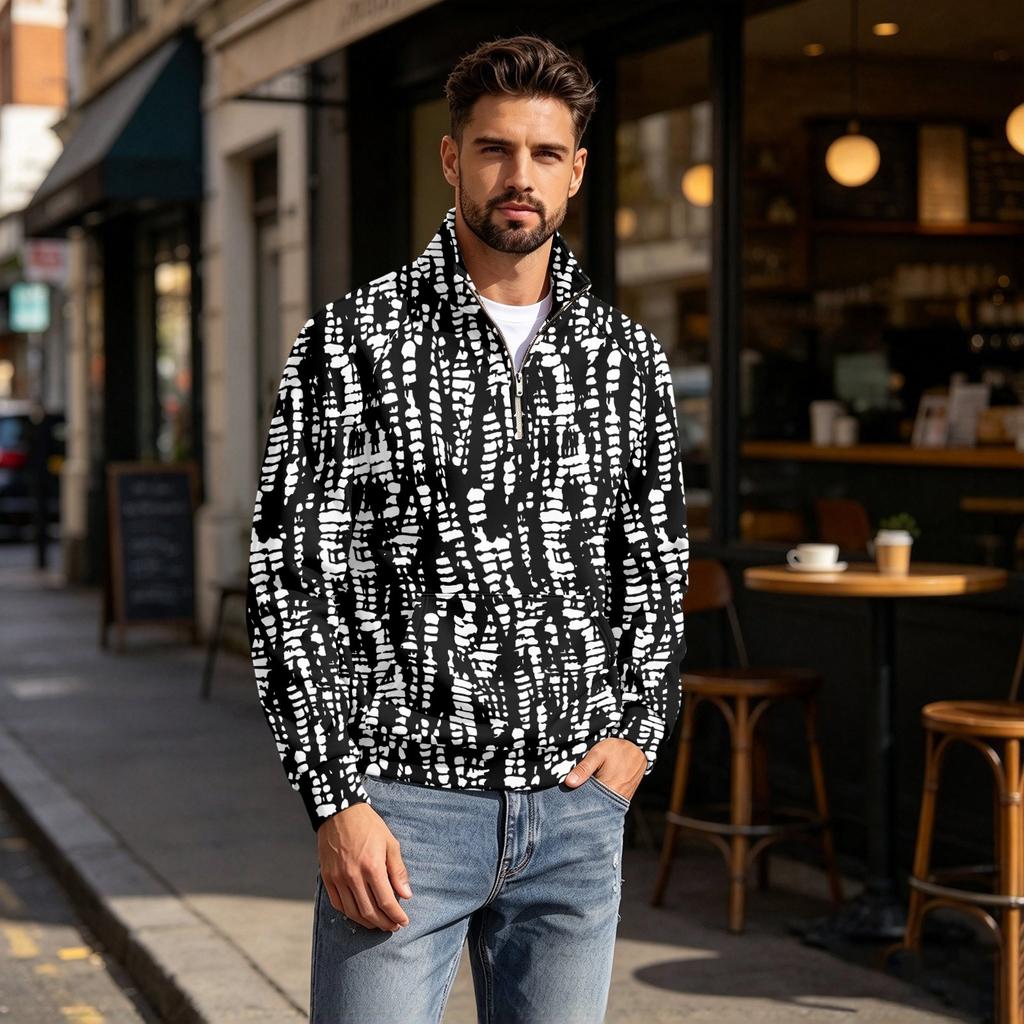Men's Fall Winter Pattern Print Zip-Up Pullover Stand Collar Casual Wrinkle- Athletic Top