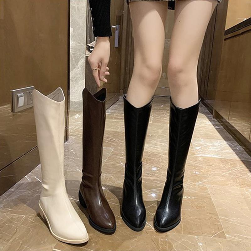 Short Boots Coarse Heel Autumn Beige Tall Western Skinny Boots Cowboy Single Boots Pointed Middle Heel Women's Boots