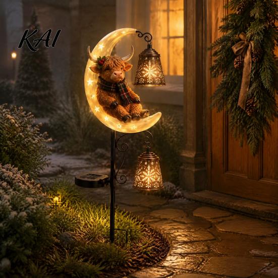 Metal Snowflake Garden Stakes Highland Cow Moon Solar Light, Christmas Seasonal Landscaping Decor Stake Powered Outdoor Yard Lawn Path Decoration