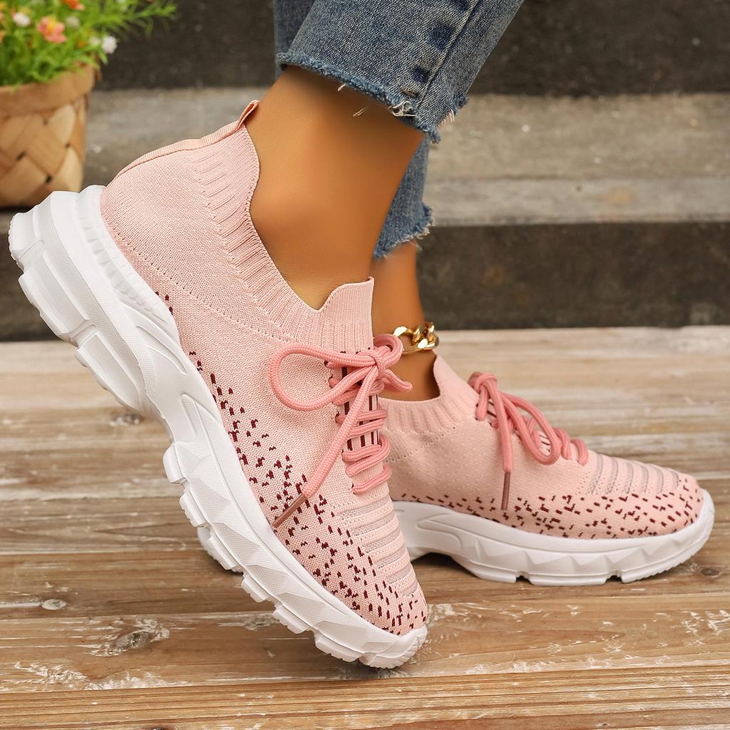 fashion Pink Knitting Platform Sneakers for Women 2024 Spring Mesh Breathable Sports Shoes Woman Non Slip Thick Sole Running Sneakers