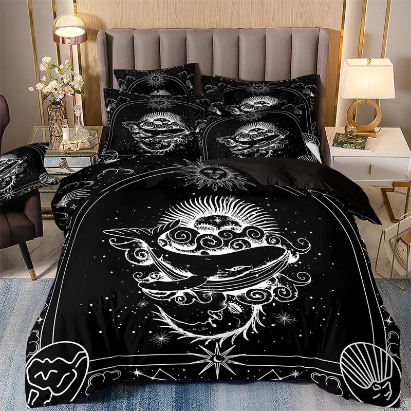 Bedding Set With Duvet Cover And Pillowcases, Starry Sky Print, Sun And Moon, 2 People, 220x240, Luxury Galaxy Series, Winter