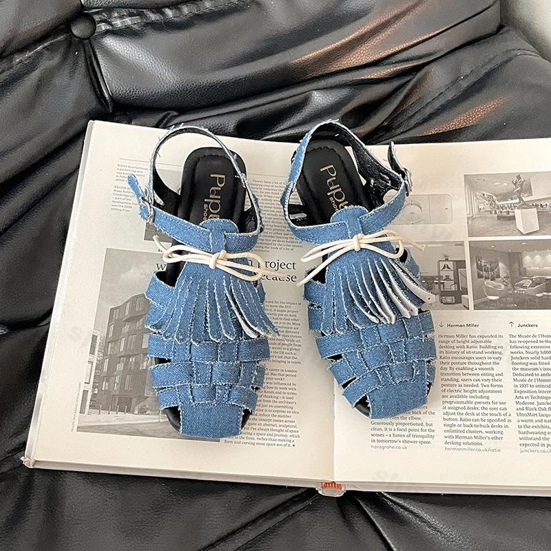 

Мода 2025 Новые Ретро Плетеные Женские Летние Модные Сандалии Кисточки Полые Пряжки Повседневные Уличные Шлепанцы Элегантная Удобная Обувь 35 синий