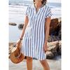 Women's Stand Collar Short Sleeve Striped Shirt Dress Loose Fit Casual Summer Button Down Tunic Dress