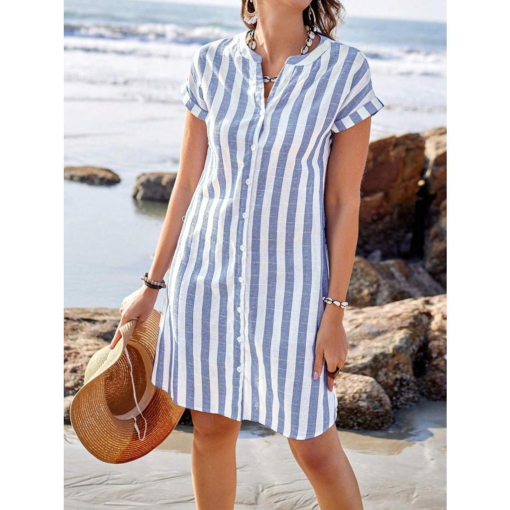 Women's Stand Collar Short Sleeve Striped Shirt Dress Loose Fit Casual Summer Button Down Tunic Dress